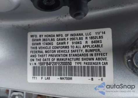 2015 Honda Civic Hybrid from USA, damaged, VIN 19XFB4F2XFE200050